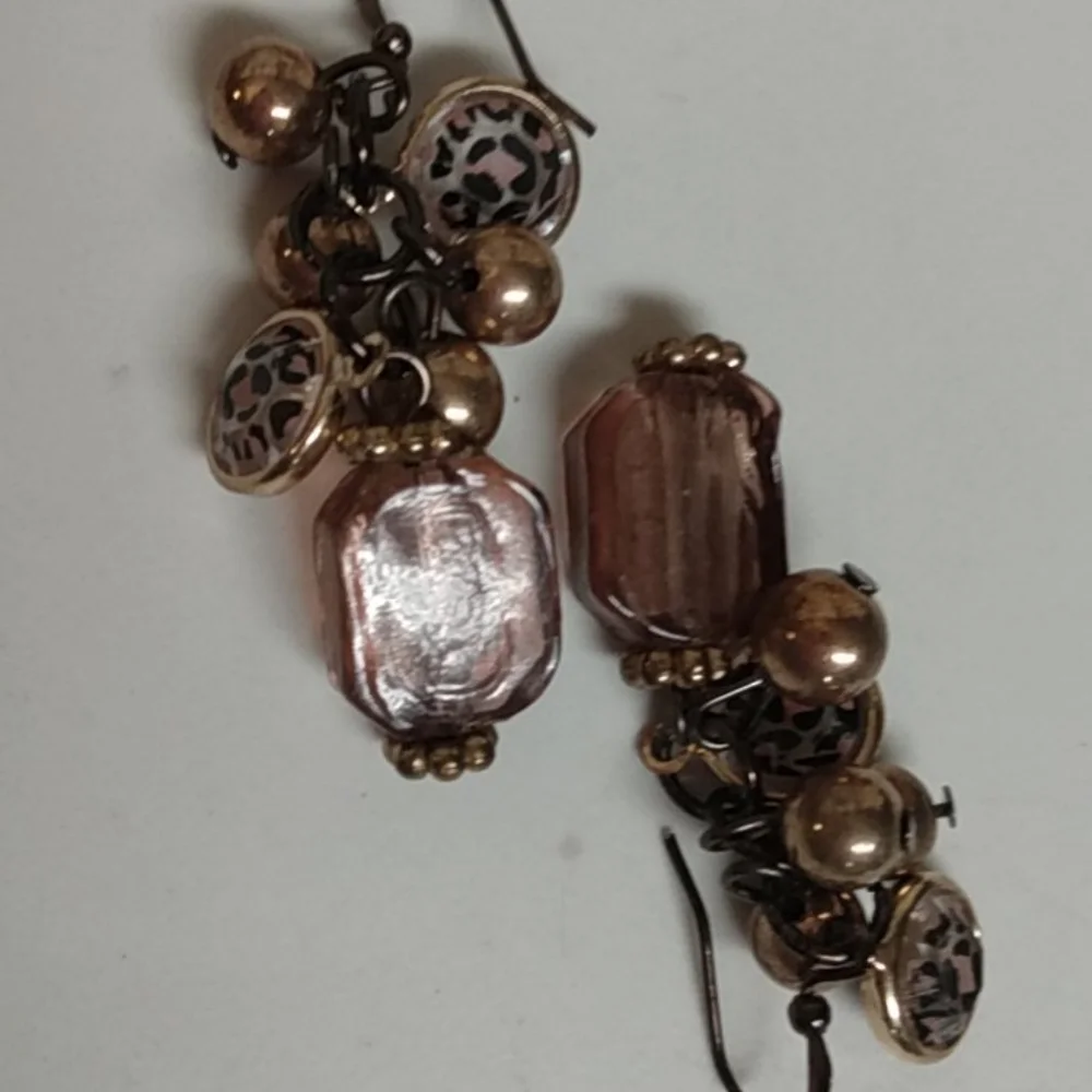 Brown Leopard Spot Glass Bead Earrings NWOT - Picture 6 of 7